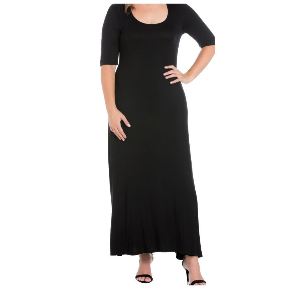 24seven Plus Size 1X Black Elbow Length Sleeve T Shirt Maxi Dress Black NEW
